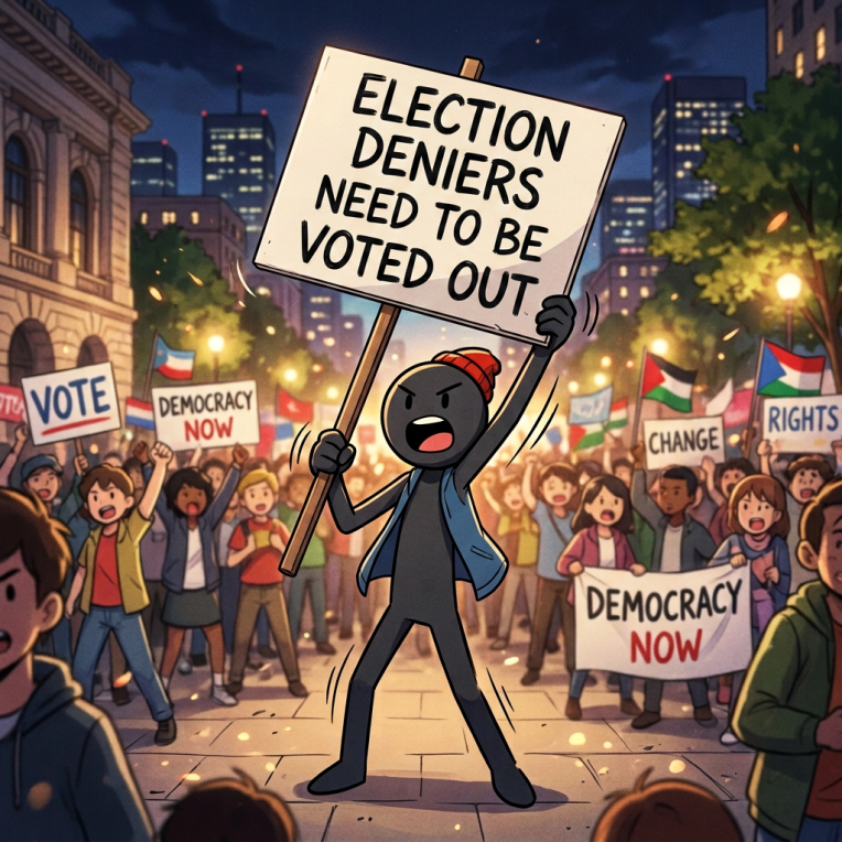 Stick figure protester holding a sign saying 'VOTE THEM OUT!' with a crowd behind holding signs supporting democracy and rights